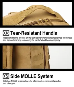 Detail of tear-resistant handle and MOLLE system on khaki tactical backpack