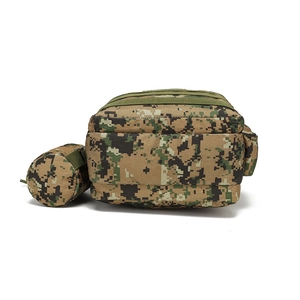 Macro view of digital camouflage tactical shoulder bag with a cylindrical water pouch
