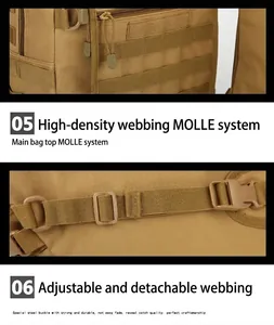 Detail view of khaki tactical backpack featuring high-density MOLLE webbing and reinforced straps