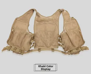 Detailweergave van ademend khaki tactisch mesh vest met diverse handige zakken