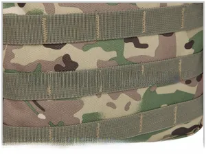 Detailed view of heavy-duty MOLLE webbing system on CP camouflage tactical bag