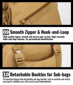 Detail of durable tactical backpack with smooth zippers and MOLLE system straps