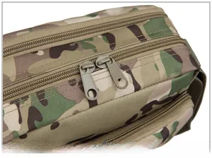 Close-up of durable dual-zipper closure on multicam tactical oxford outdoor shoulder bag