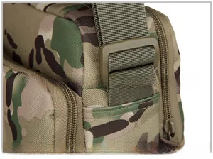 Detail of high-strength strap buckle and durable camouflage fabric on tactical shoulder bag
