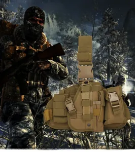 Close-up of khaki tactical modular leg holster with MOLLE pouches and adjustable straps