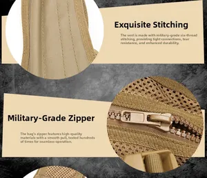 Detail van duurzame militaire zes-draads stiksels en premium tactische vest ritsen op de vest