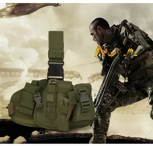 Tactical leg holster made of army green nylon with adjustable straps and accessory pouch