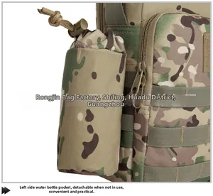 Detailed view of multicam tactical shoulder bag with a detachable water bottle pouch