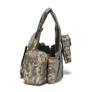 Detail view of ACU camouflage tactical vest with modular pouches and reinforced straps