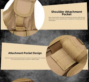 Detailweergave van de khaki tactische vest schouder met nylon en klittenbandpaneel
