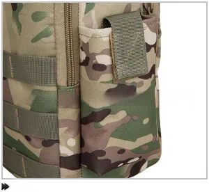 Detailed view of tactical camouflage shoulder bag showing right side pocket with velcro
