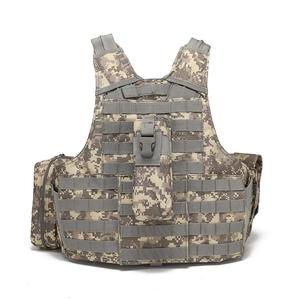 Detail view of tactical digital camouflage vest featuring MOLE system and utility pouches