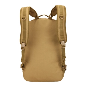 Outdoor tactical backpack in tan nylon with padded straps and molle system shown from the back