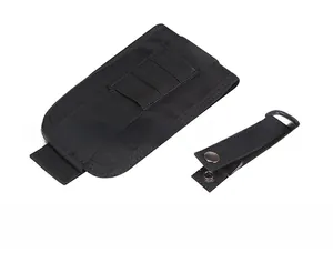 Detail of high-quality metal snap button on black nylon MOLLE tactical phone pouch
