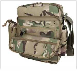 Detailed view of multicam tactical shoulder bag with multi-layer pockets and mesh bottle pouch