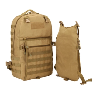 Tactical outdoor hiking backpack with MOLLE system and modular design in khaki