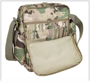 Detail view of tactical camo shoulder bag featuring a back pocket for books and magazines