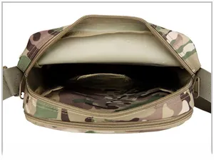 Tactical camouflage crossbody bag detail showing spacious main compartment with mesh pocket