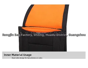 Macro detail of MOLLE tactical pouch with bright orange lining for dual smartphones