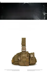 Detail view of khaki tactical leg holster with molle pouches and adjustable straps