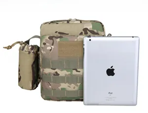 Tactical multicam utility pouch with molle system and detachable water bottle holder next to iPad