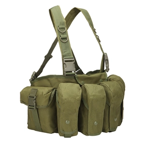 Military green tactical chest rig with MOLLE system and four magazine pouches