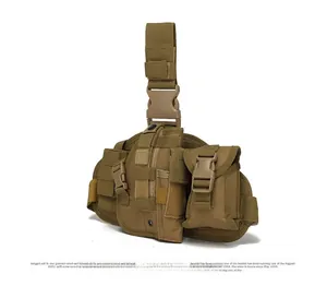 Tactical drop leg holster in tan nylon with MOLLE system and quick release buckles