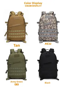 Detail view of tactical backpacks in four colors including tan, ACU, green and black