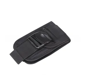 Macro view of black tactical MOLLE phone pouch with heavy-duty nylon and quick-release buckle