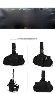 Detail of black tactical leg bag with Molle system, adjustable straps, and quick-release buckles