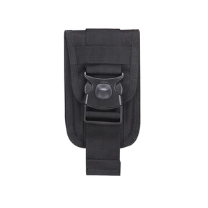 Close-up of tactical nylon phone pouch with heavy-duty quick release buckle and Molle webbing