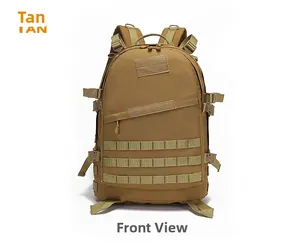 Detailed front view of tan tactical backpack featuring MOLLE webbing and velcro patches
