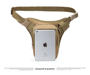 Tactical leg bag in khaki showing size comparison with an iPad mini device