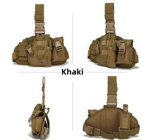 Detailed views of coyote tan tactical leg holster bag with adjustable straps and molle system