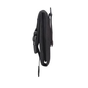 Side view of black tactical MOLLE phone pouch with durable buckle and D-ring attachment