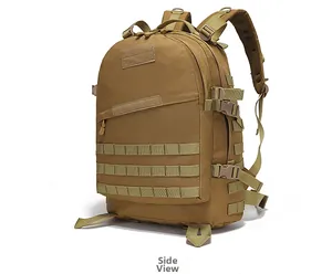Detailed side view of Coyote Brown tactical backpack with MOLLE system and buckles