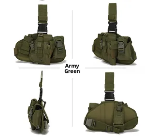 Detailed views of the olive green tactical leg holster with Molle attachment straps