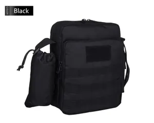 Tactical black oxford shoulder bag with water bottle holder and waterproof design