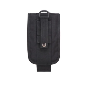 Detail view of the back MOLLE tactical pouch system with metal snaps and a D-ring hook