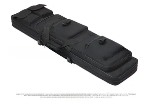 Detail of multi-pocket black tactical fishing gear bag with adjustable buckles and nylon fabric