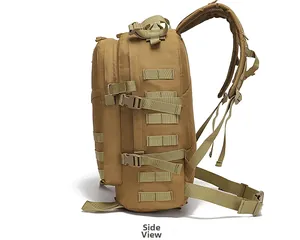 Side view of khaki tactical backpack featuring MOLLE webbing system and durable nylon fabric