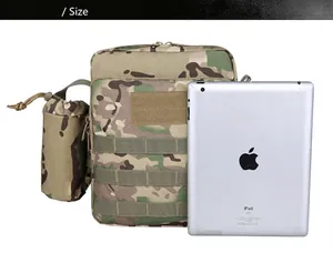 Tactical camo shoulder bag with water bottle pouch and MOLLE system for outdoor gear