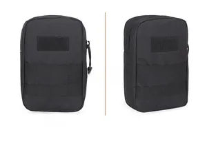 Vues détaillées d'une pochette tactique noire Molle avec panneau velcro et tissu nylon