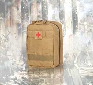 Tactical medical first aid pouch in tan nylon with red cross patch and MOLLE straps