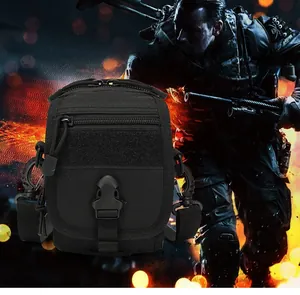 Macro detail of black nylon multifunctional tactical kit with MOLLE straps and buckles
