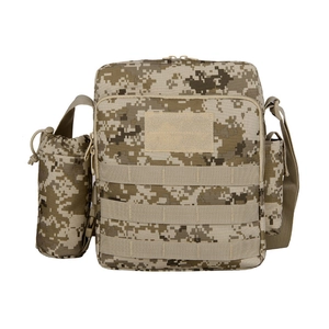 Outdoor tactical crossbody camo bag with MOLLE webbing and side water bottle holder