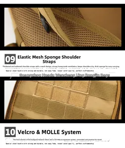 Détail du sac à dos tactique kaki avec bretelles en maille rembourrées et système MOLLE