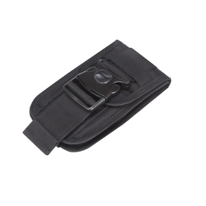 Tactical MOLLE phone pouch in black nylon with quick-release buckle for outdoor sports