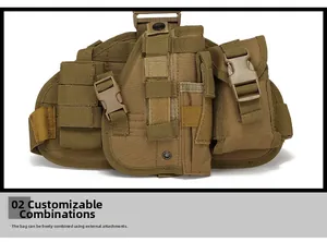 Detail of tan modular tactical leg pouch system with MOLLE webbing and buckle straps