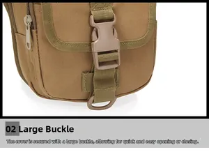 Macro detail of tan tactical waist bag showing heavy-duty buckle and durable nylon texture